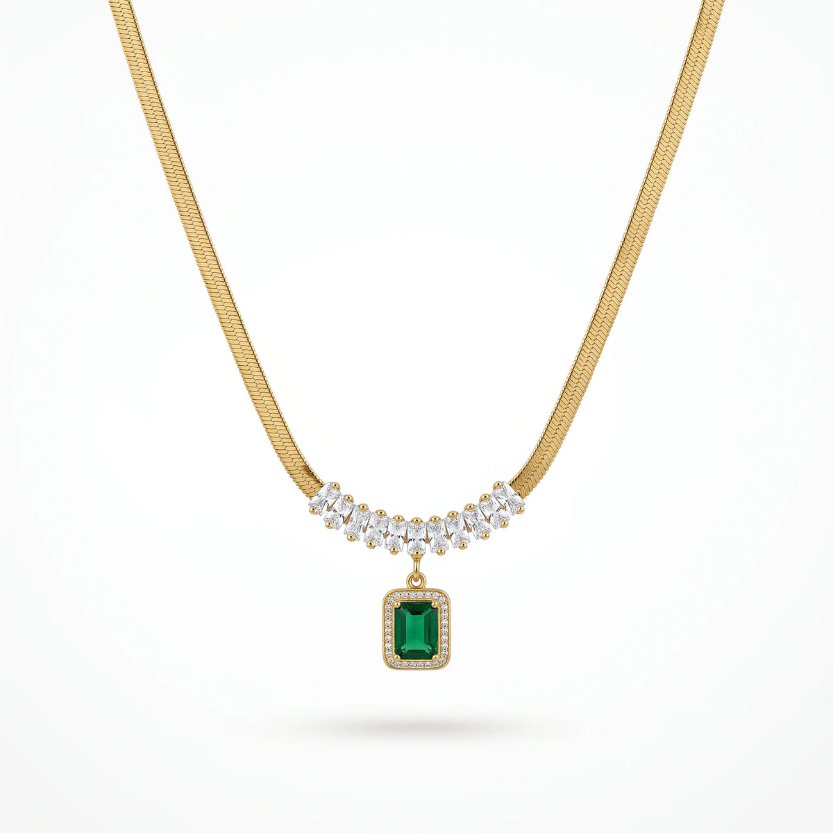QIAOREN 13471 Luxury Flat Snake Chain Necklace with Marquise Crystal Accents & Halo Rectangle Emerald Pendant Necklace
