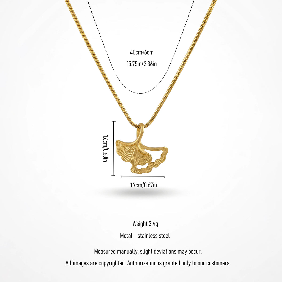 QIAOREN 13714 Snake Chain Pendant Necklace with Matte Hollow Double Ginkgo Leaf Charms, Textured Vintage Gold Collar Jewelry