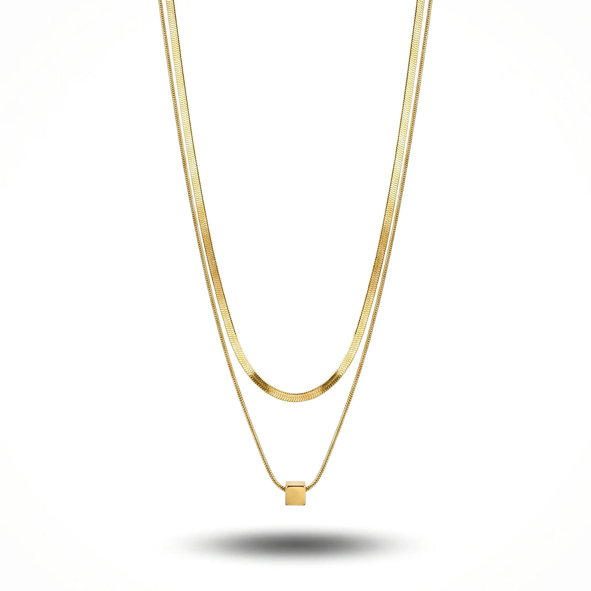 QIAOREN 11688 Minimalist Cube Layered Necklace 18K Gold Stainless Steel Herringbone Chain Choker for Women