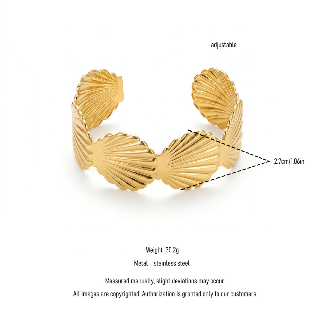 QIAOREN 12725 Nautical Embossed Fan Shell Wide Cuff Bangle Hypoallergenic Stainless Steel Gold Bracelet Vacation Birthday Gift