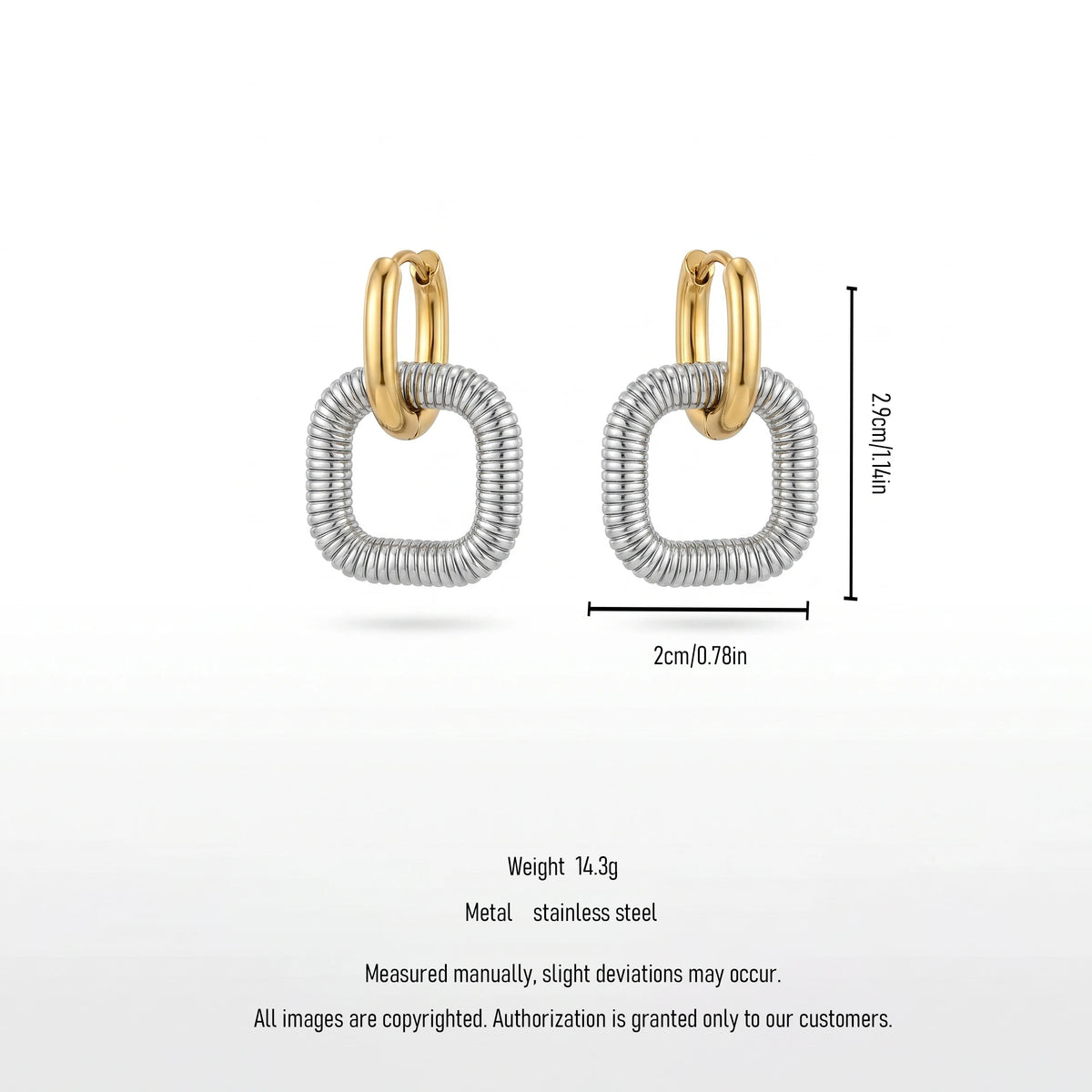 QIAOREN 12758 Waterproof Bi-Color Coiled Square Dangle Earrings Stainless Steel Gold Hoop Silver Textured Drop Ear Accessory
