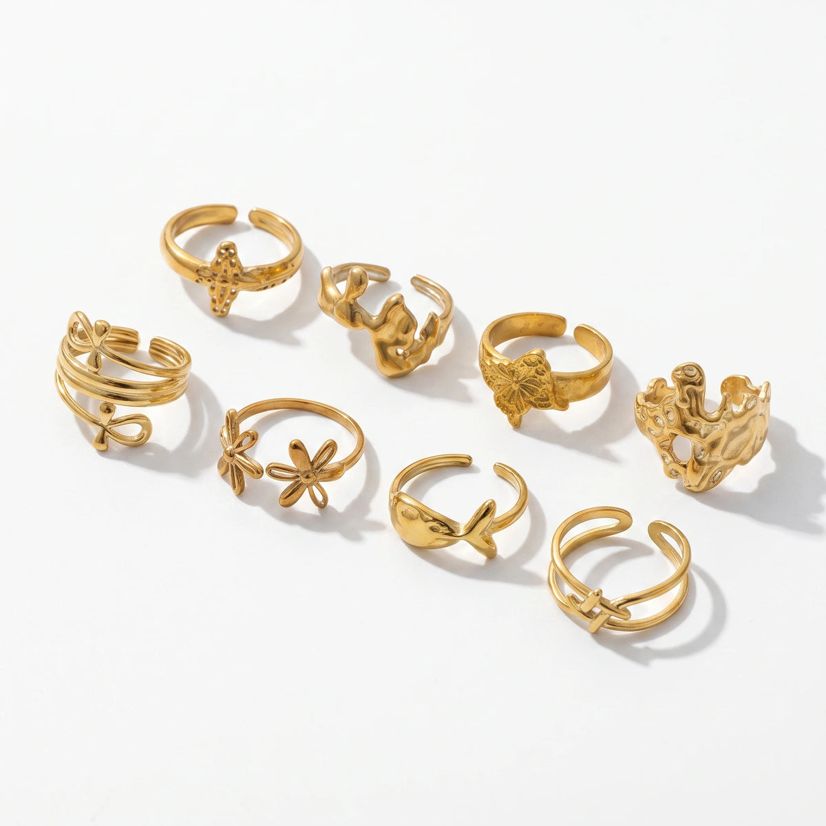 QIAOREN 14207-20 Abstract Flower Open Ring Set, Irregular Textured Adjustable Stackable Ring Jewelry Gift for Daily Outfits