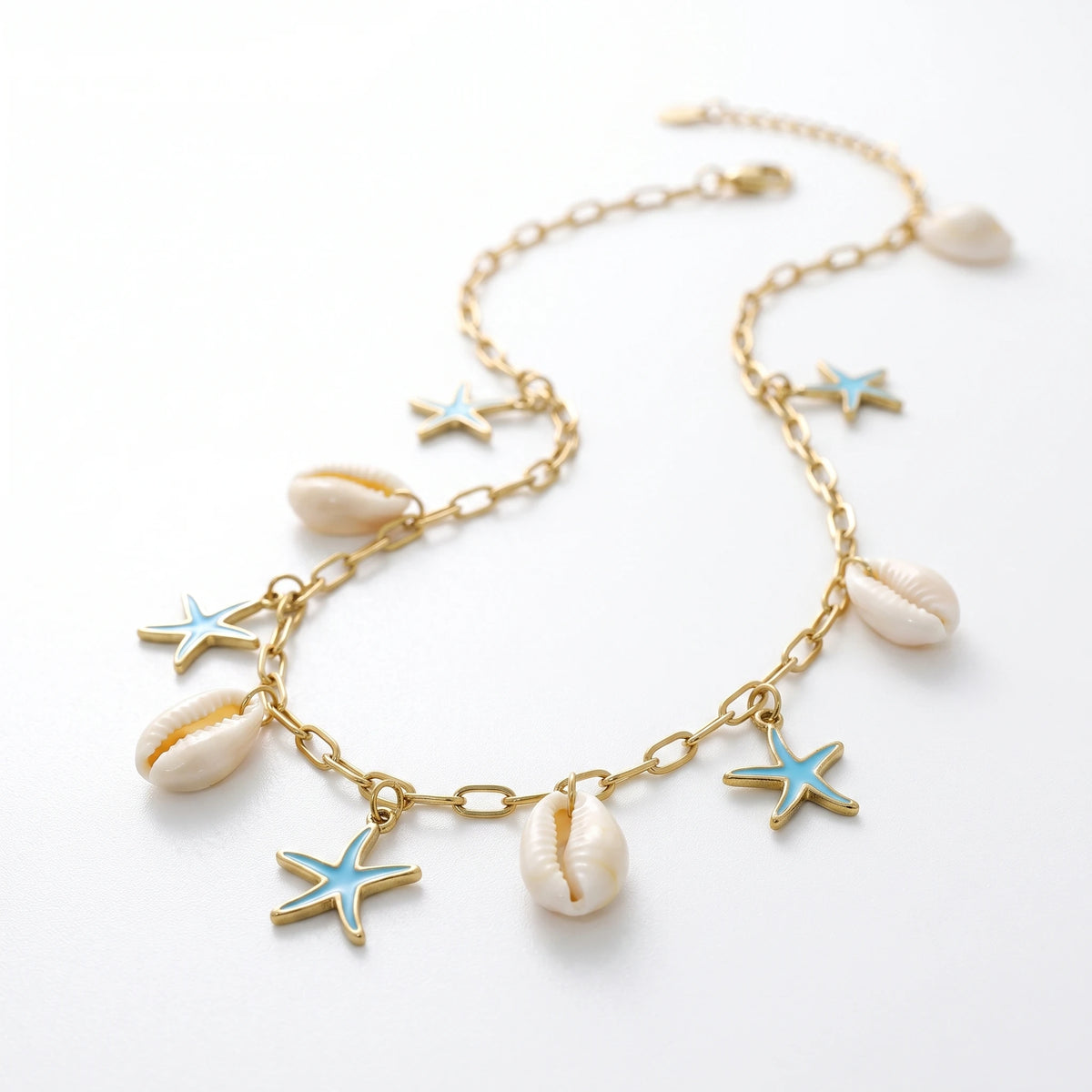 QIAOREN 13540 Paperclip Necklace with Natural Shell & Blue Enamel Starfish Charms, Gold Ocean Beach Necklace