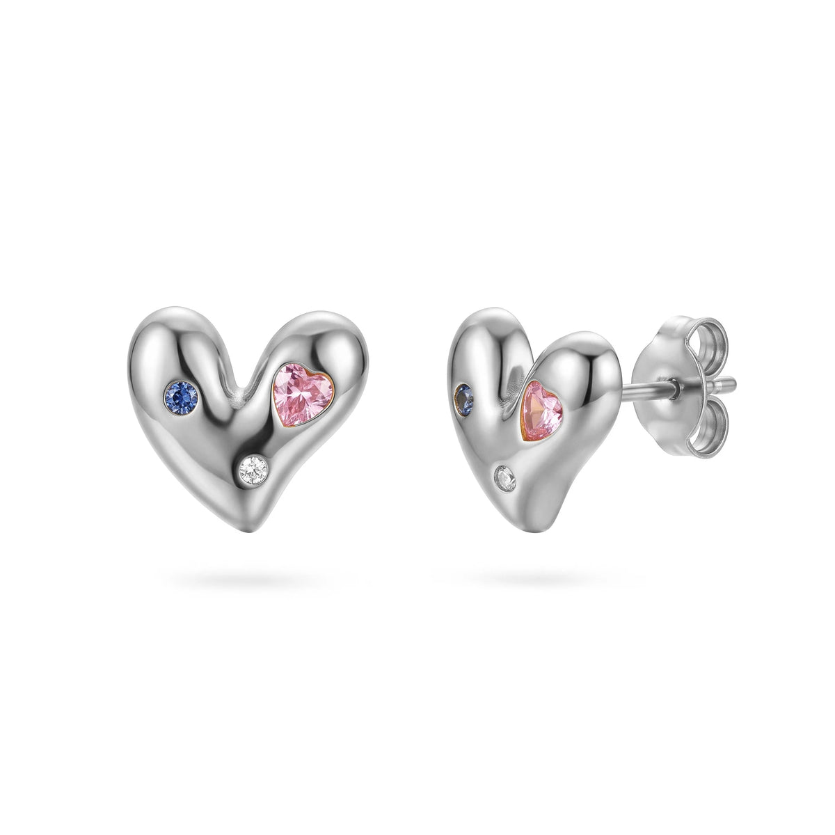 QIAOREN 13967-68 Stainless Steel Puffy Heart Stud Earrings Gold Crystal Heart Earrings Dainty Cute Jewelry for Women