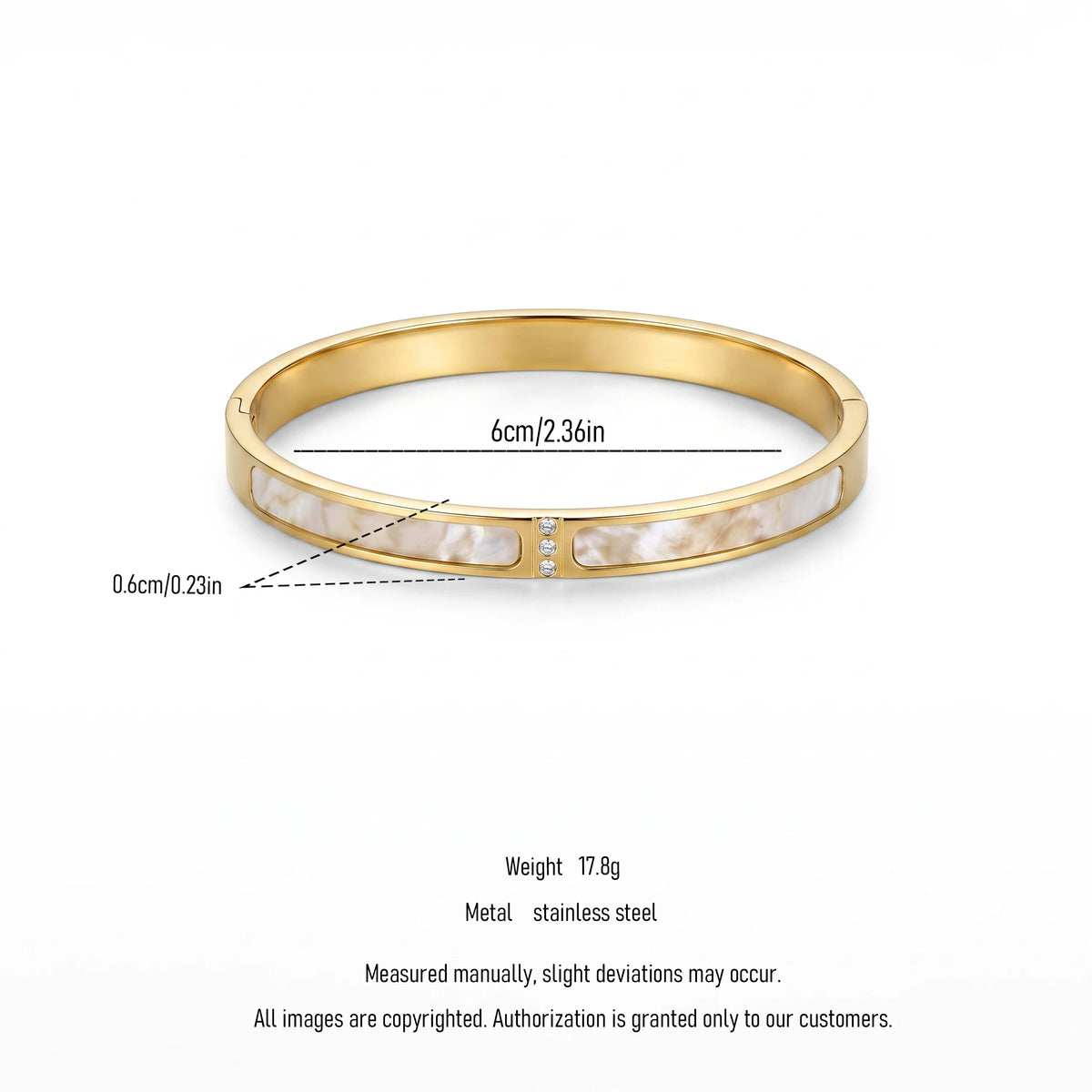 QIAOREN 13663 Flat Open Bangle Bracelet with Dual Inlaid White Mother of Pearl Panels & Three Vertical Tiny Zircon