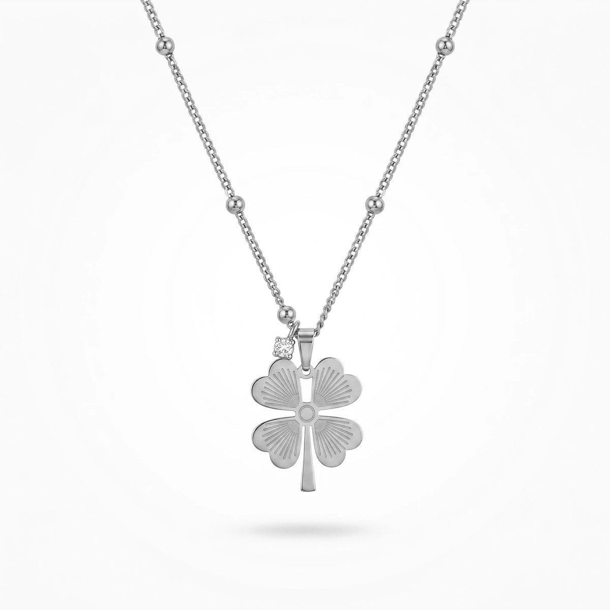 QIAOREN 12896 18K Gold Plated Four Leaf Clover Necklace, Waterproof Tarnish Free Stainless Steel Lucky Clover Satellite Chain