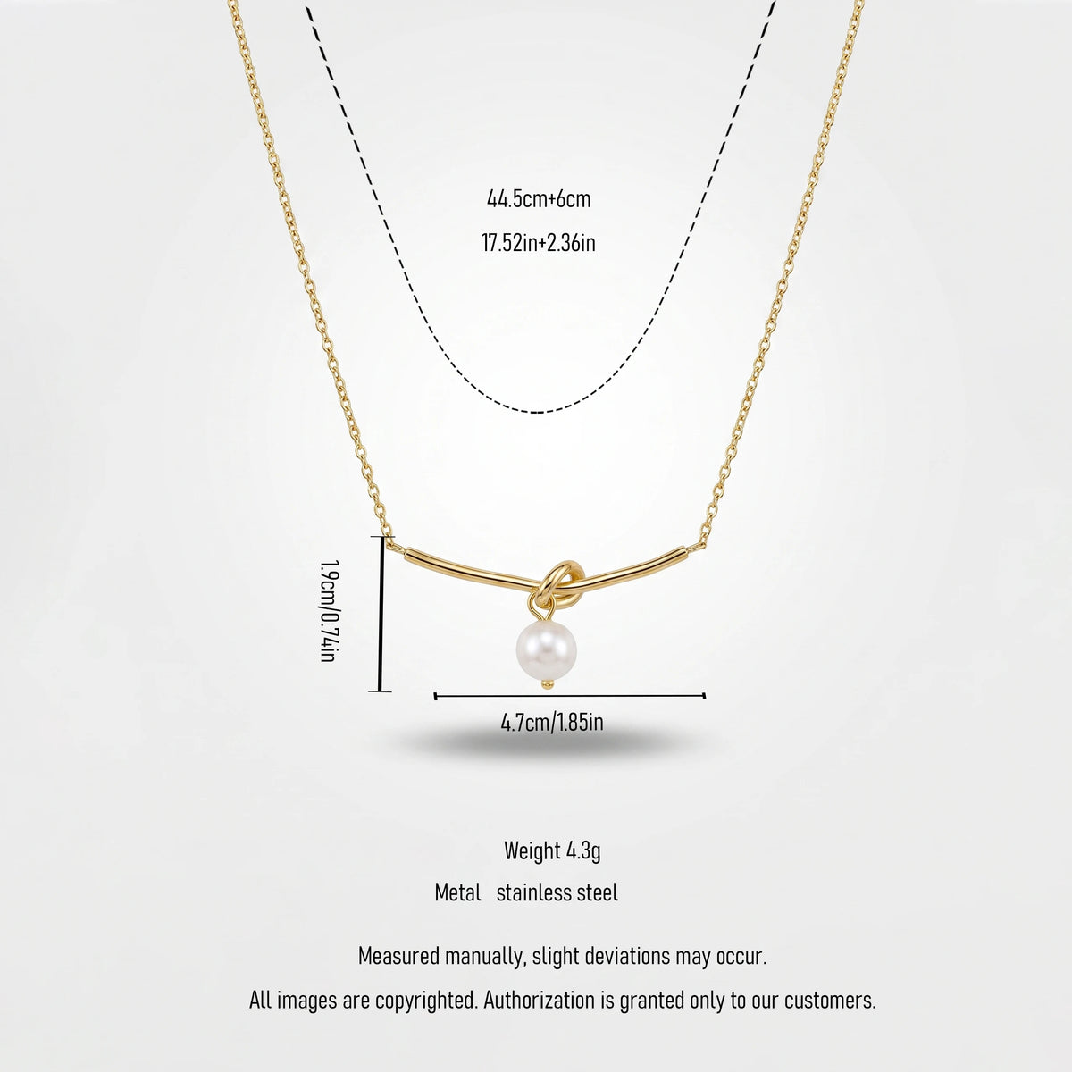 QIAOREN 13724 Thin Link Chain Necklace with Bar Knot Pendant Hanging Single White Freshwater Pearl, Gold Plated Jewelry