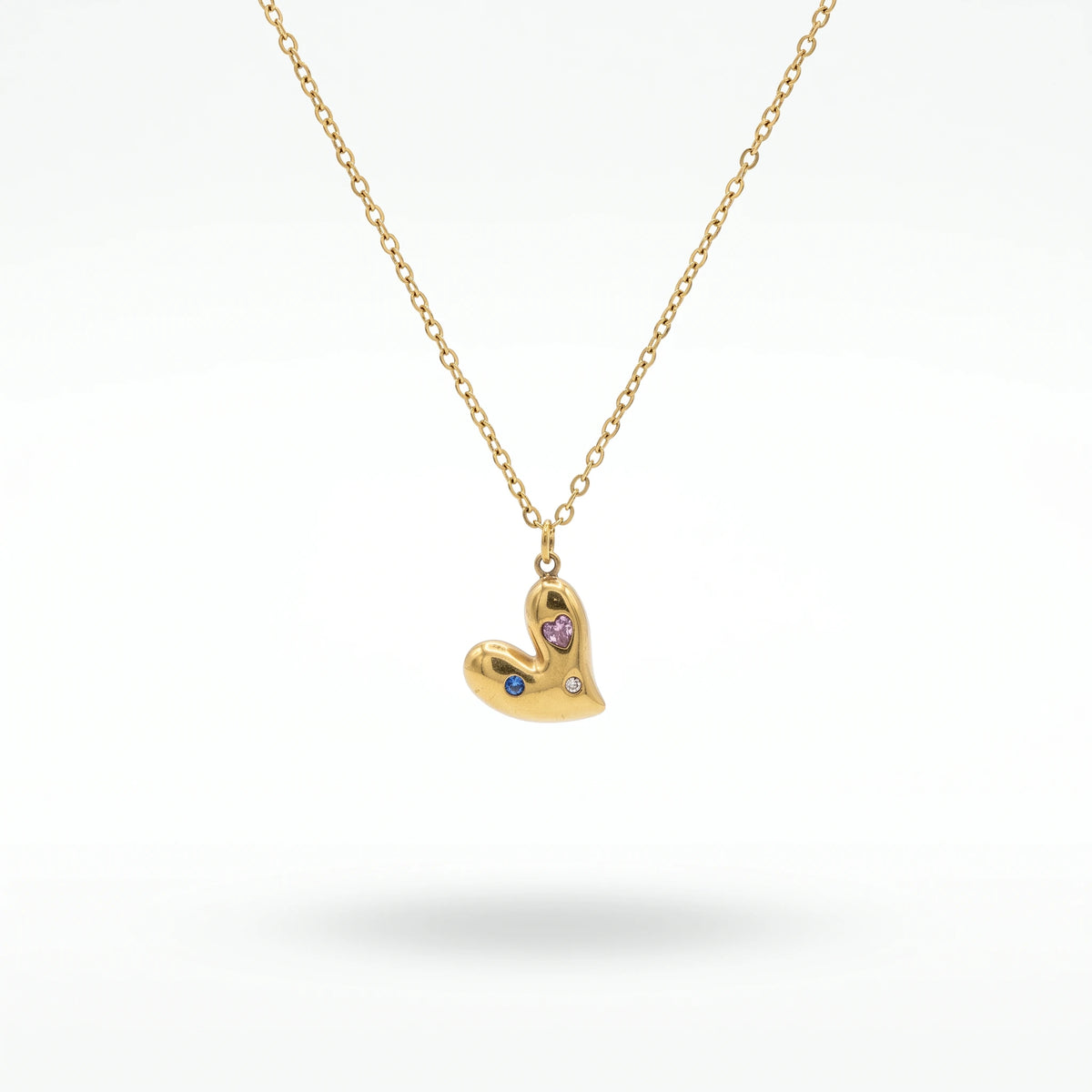 QIAOREN 13955-56 Stainless Steel Colorful Heart Pendant Necklace Gold Minimalist Cubic Zirconia Charm Jewelry for Women