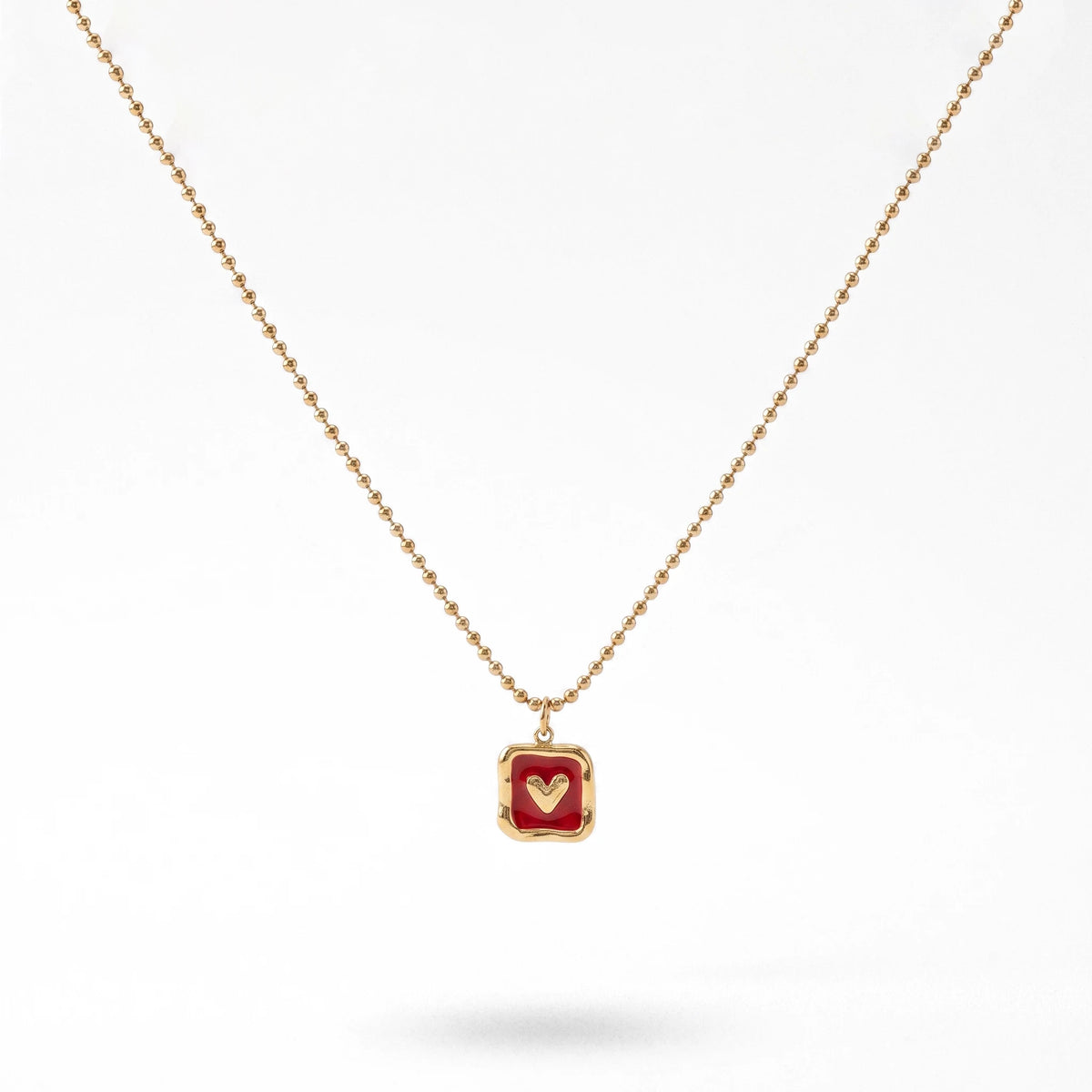 QIAOREN  13712 Ball Bead Chain Pendant Necklace with Rounded Square Solid Red Enamel & Embossed Mini Heart Charm