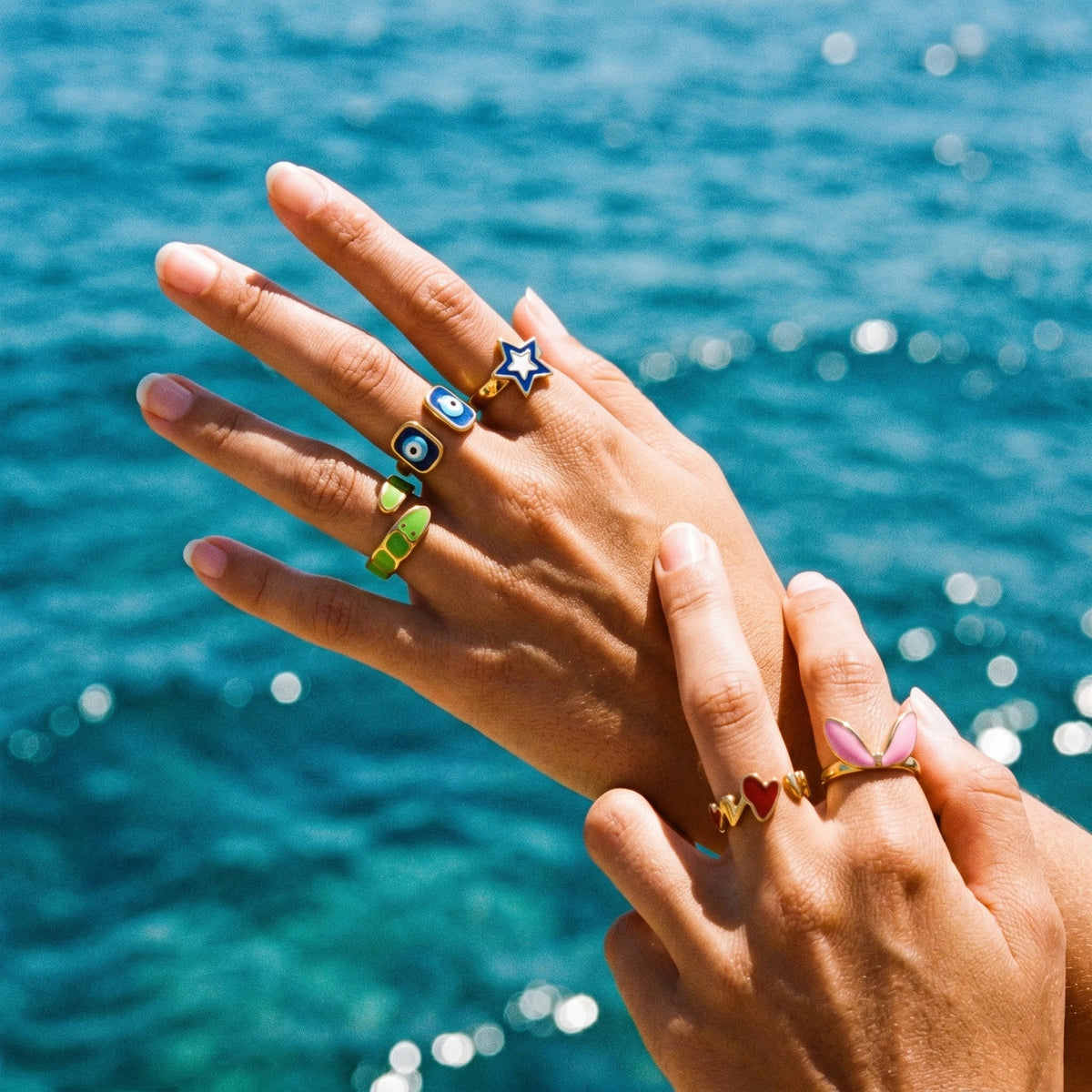 QIAOREN Stainless Steel Adjustable Eye Motif Ring Set Gold Plated Stackable CZ Turquoise Fashion Rings for Women