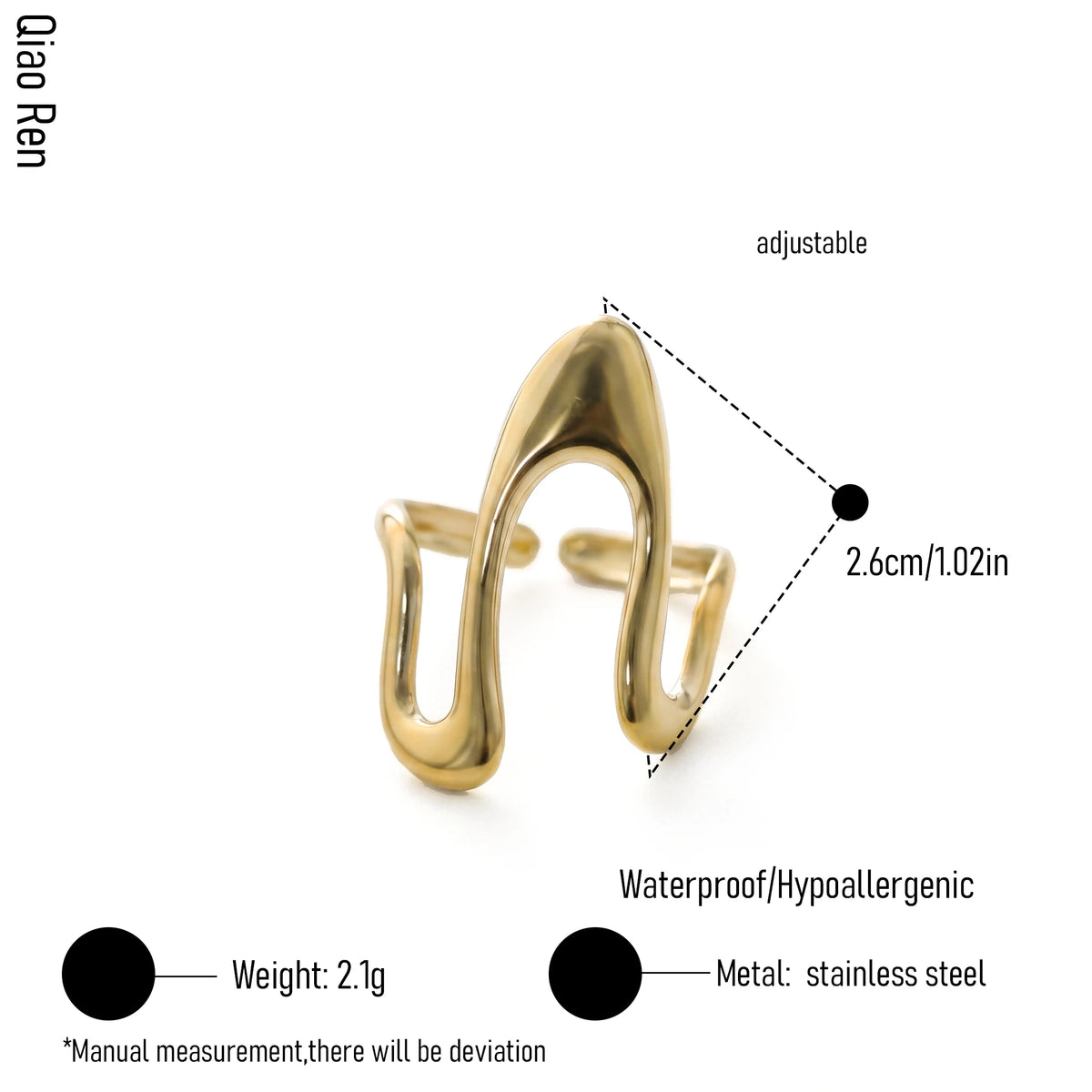 QIAOREN 14284-93 Abstract Irregular Wavy Open Cuff Ring Set, Adjustable Stackable Statement Rings, Stainless Steel Jewelry Gift