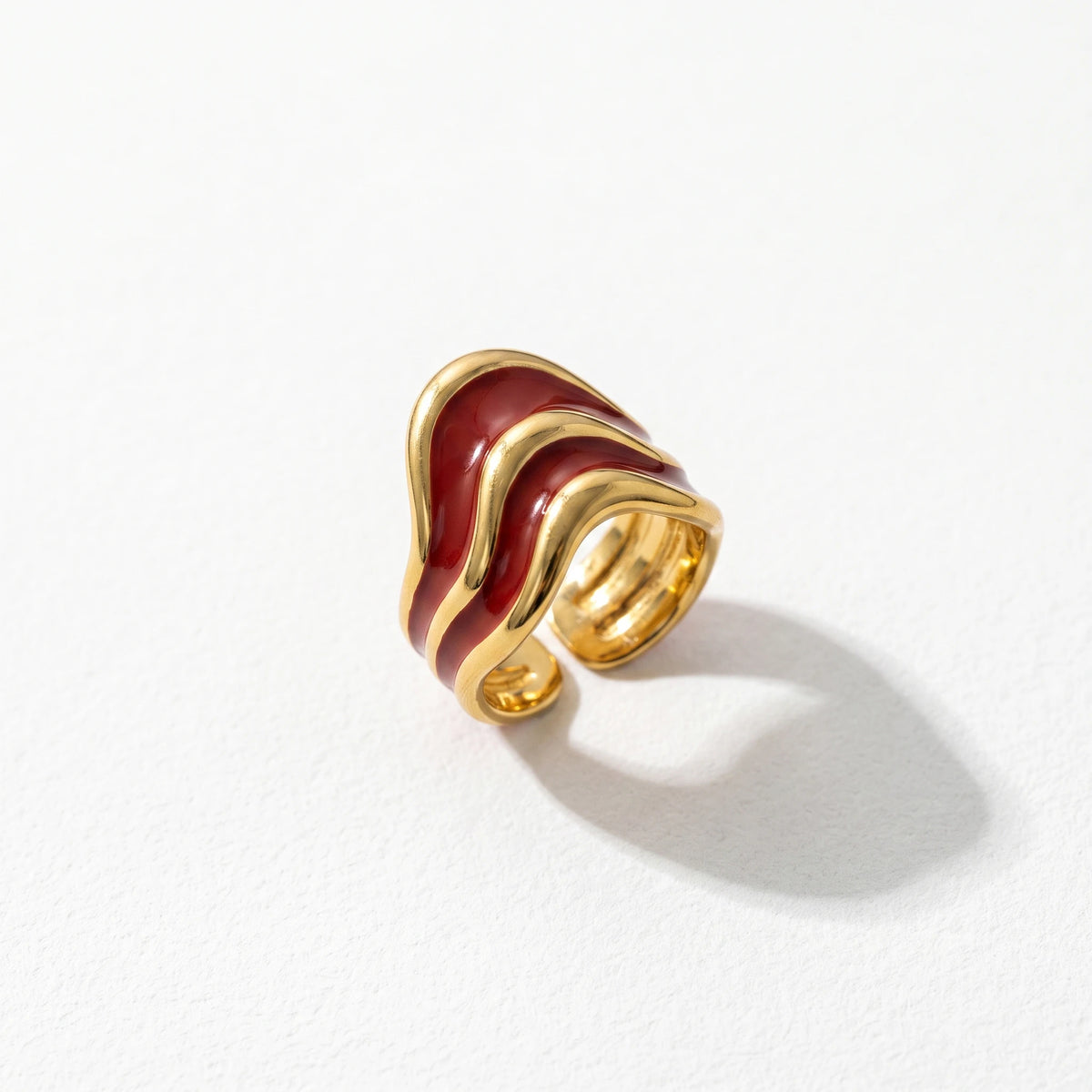 QIAOREN 14221-25 Red Enamel Irregular Wave Open Ring Set, Abstract Curved Adjustable Stackable Ring Jewelry Gift