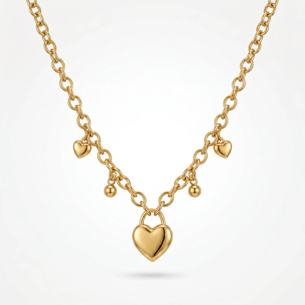 QIAOREN 12919 18K Gold Plated Puffy Heart Necklace, Waterproof Tarnish Free Stainless Steel Lariat Heart Jewelry for Women