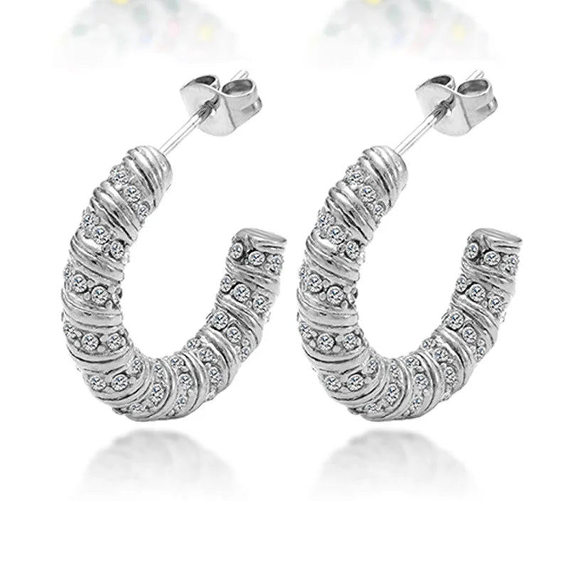QIAOREN  12221-23 Waterproof Gold Stainless Steel Textured Hoop Earrings Multicolor CZ C Shape Huggies Wholesale