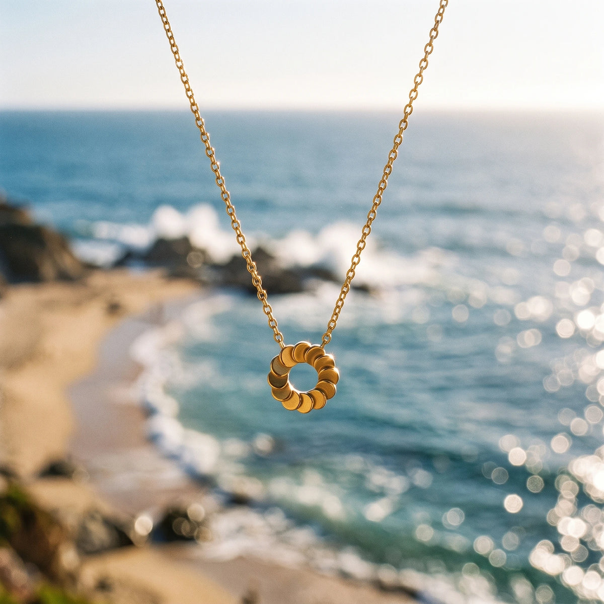 QIAOREN 13805 Thin Oval Link Chain Pendant Necklace with Stacked Disc Wreath Hollow Circle Charm