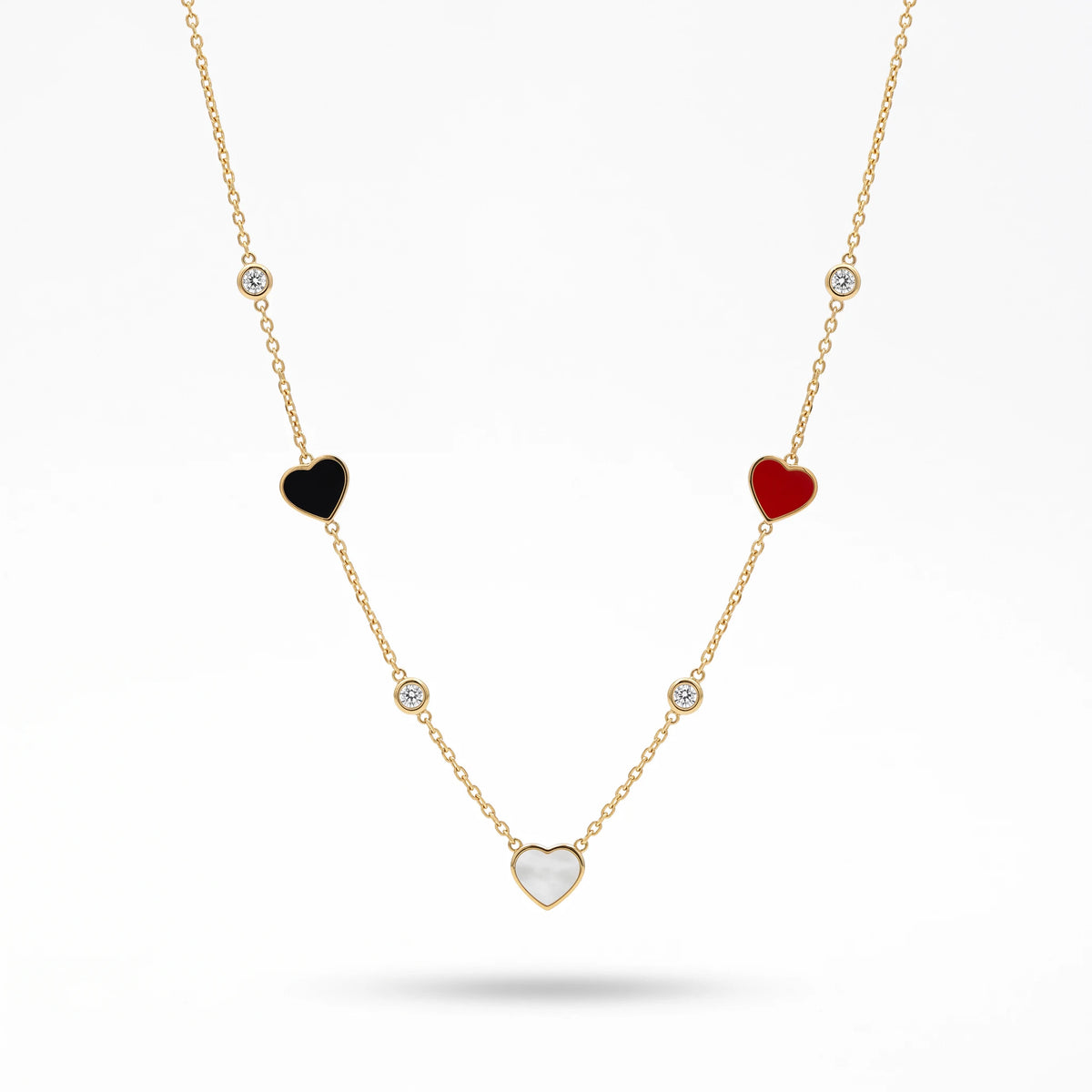 QIAOREN 13498 Three Color Enamel Heart Station Necklace with Tiny Round Crystal Charms, Dainty Thin Cable Chain Necklace