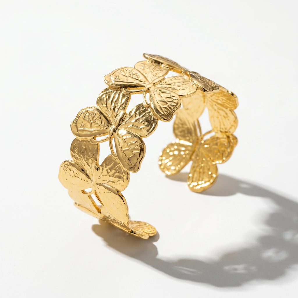 QIAOREN 12726 Vintage Interconnected Sculpted Butterfly Wide Cuff Bangle  Stainless Steel Gold Bracelet Bridal Birthday Gift