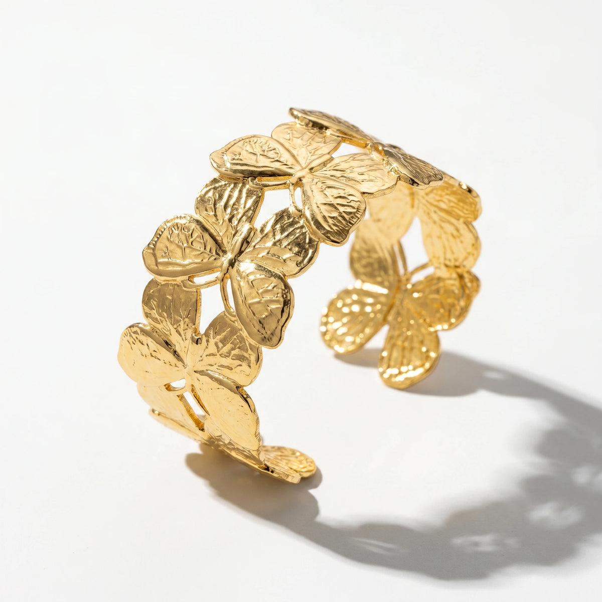 QIAOREN 12726 Vintage Interconnected Sculpted Butterfly Wide Cuff Bangle  Stainless Steel Gold Bracelet Bridal Birthday Gift