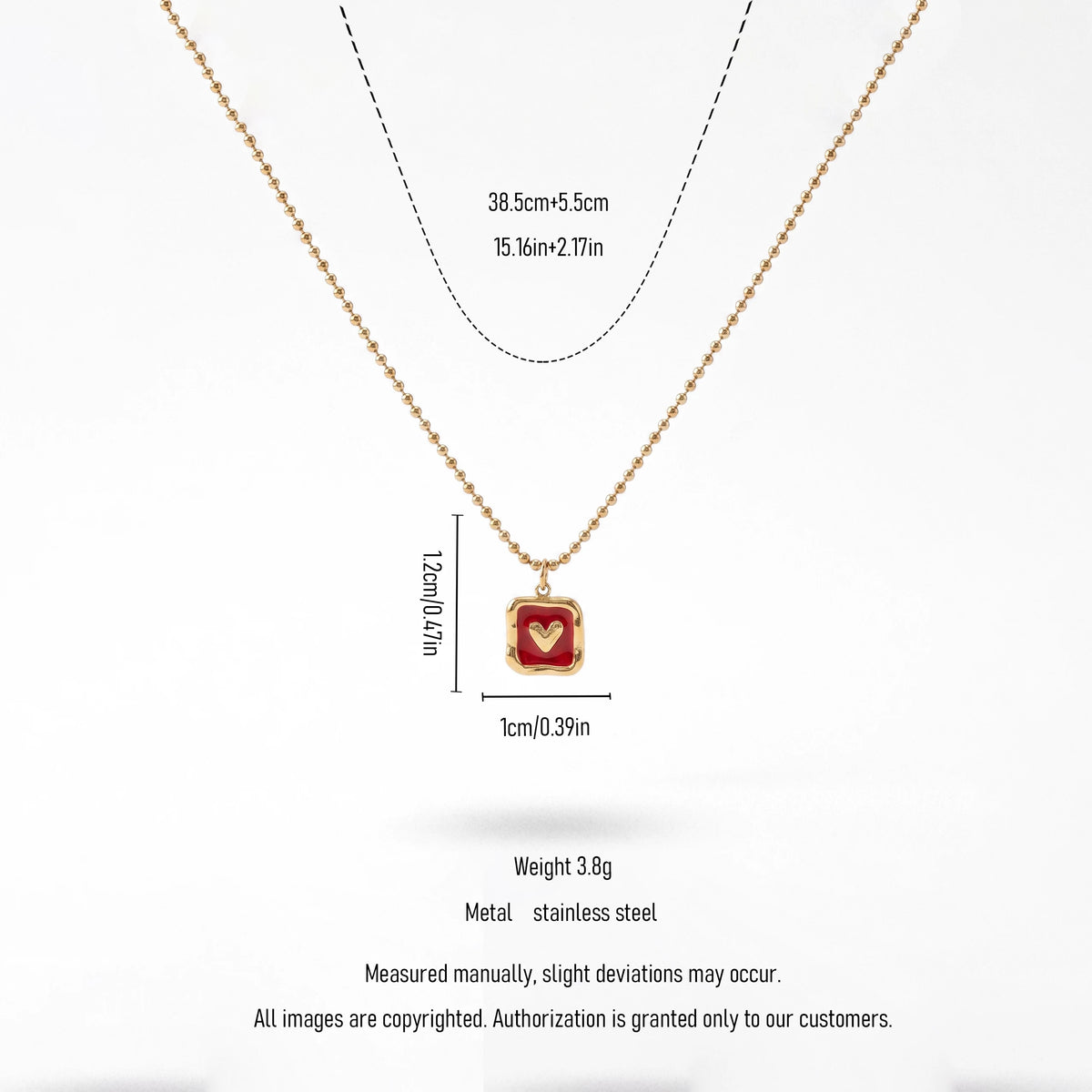 QIAOREN  13712 Ball Bead Chain Pendant Necklace with Rounded Square Solid Red Enamel & Embossed Mini Heart Charm