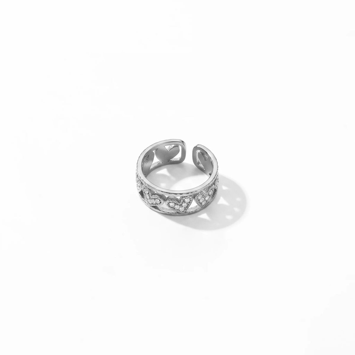 QIAOREN 10713 Stainless Steel Gold Adjustable Open Rings Multi Hollow Heart Zircon Stack Finger Jewelry For Women