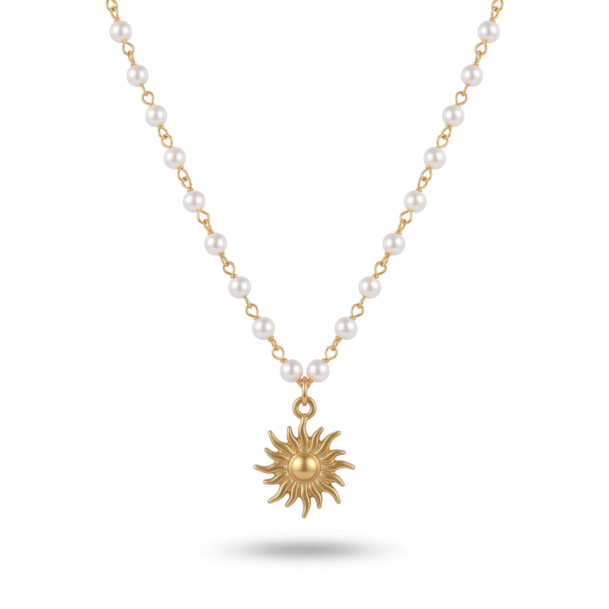 QIAOREN 13932 Pearl Beaded Chain Pendant Necklace with Textured Sunburst Sun Charm, Polished Gold Boho Sunshine